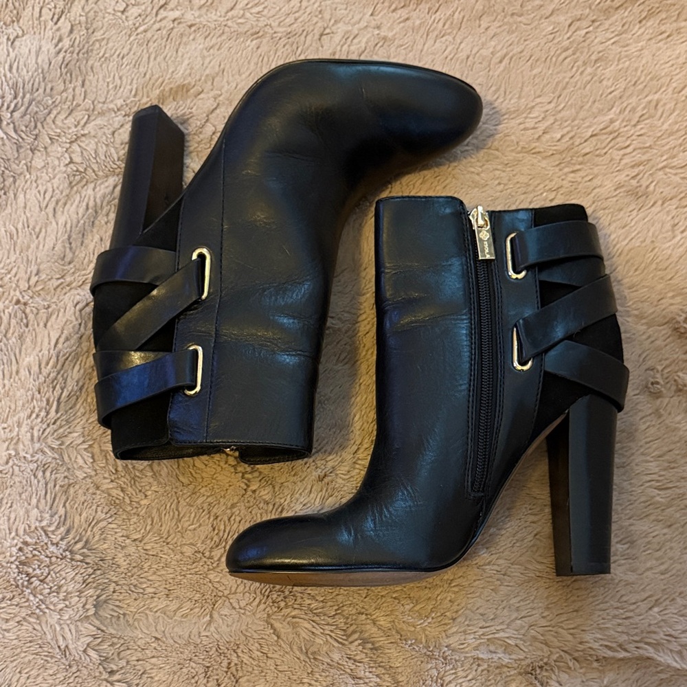 Isola Black Leather Ankle Booties with Gold Accents